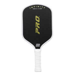 Front view of a black pickleball paddle with yellow PRO logo, INFINITY text, and white grip.