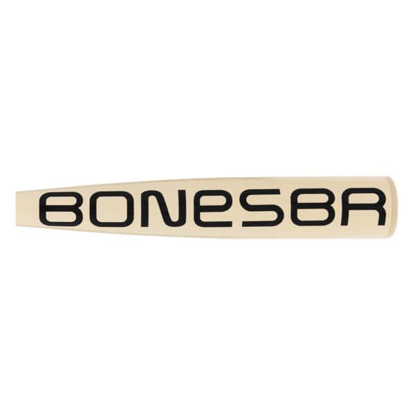 Close-up side view of a cream baseball bat with BONESABER printed in black and a smooth finish.
