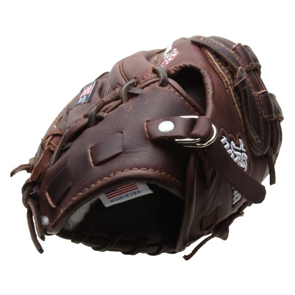 Corner view of a brown leather baseball glove with white stitching and a MADE IN USA tag.