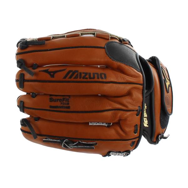 Side view of a brown baseball glove with Mizuno branding and SureFit foam detail.