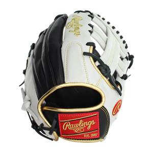 Front view of a white and black baseball glove with gold trim and a red Rawlings logo patch.