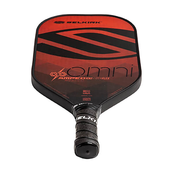 Top-down view of a red and black pickleball paddle with Selkirk and Omni branding.
