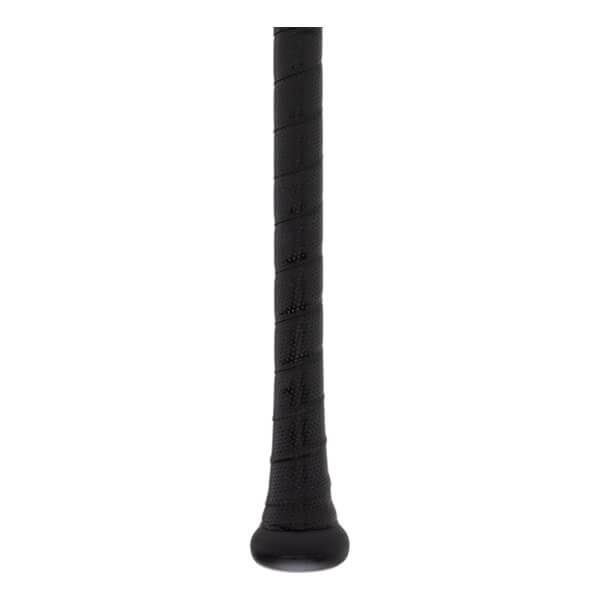 Close-up of a black baseball bat grip with a textured, spiral-wrapped surface and a rounded knob.
