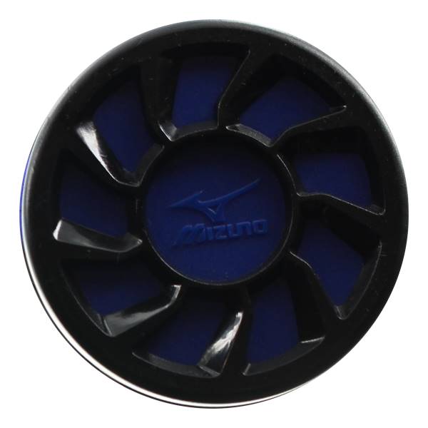 Top-down view of a black baseball bat end cap with blue Mizuno branding and a segmented design.