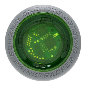 Top-down view of the bat knob with a gray rim embossed with DIAMOND KINETICS SWINGTRACKER ENABLED and a green translucent center showing internal electronic circuitry.