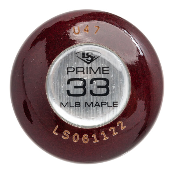 Top-down view of a dark red baseball bat with a silver insert showing LS logo, PRIME 33 MLB MAPLE, and U47 stamped.