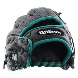 Top-down view of a black baseball glove with teal trim and white Wilson logo.