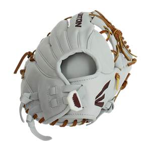 Side view of a white softball glove with brown lacing and a maroon Easton logo.