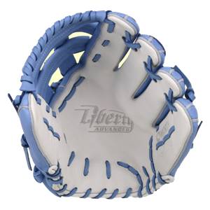 Top-down view of a Columbia Blue Worth Liberty Advanced Series glove with white palm and blue lacing.
