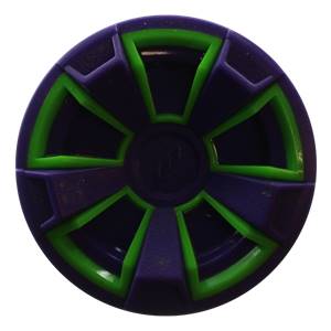 Top-down view of a purple and green softball bat end cap with a starburst pattern.