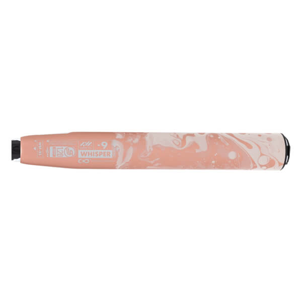 Side view of a peach and white marbled fastpitch softball bat with WHISPER -9 printed on the barrel.