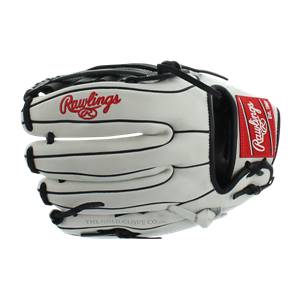 Side view of a white baseball glove with black lacing and red Rawlings branding.