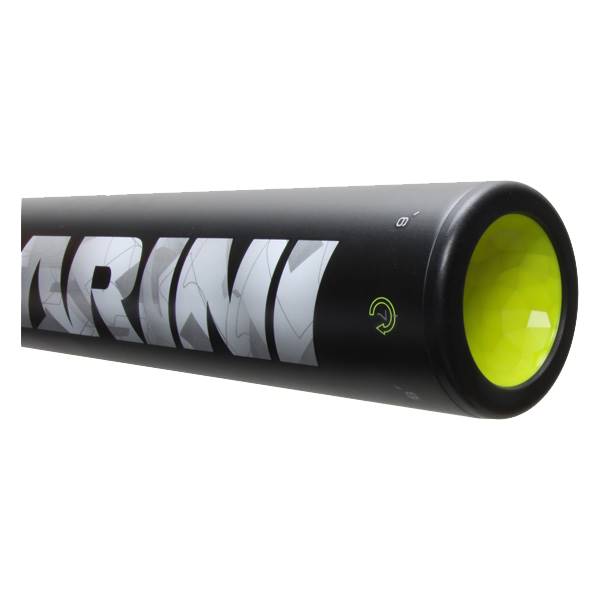 Side view of a black baseball bat with white ARINI lettering and a lime green end cap.