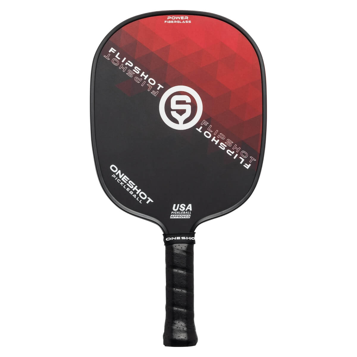 Front view of a black pickleball paddle with red geometric design, FLIPSHOT text, and USA PICKLEBALL APPROVED label.