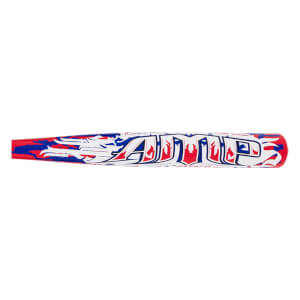 Side view of a red, white, and blue softball bat barrel with large, stylized AMP text and flame-like graphics.