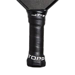 Close-up of a black pickleball paddle grip with white TOPP branding and textured surface.