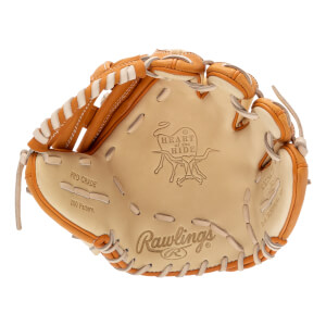 Palm view of a tan baseball glove with white lacing, Rawlings logo, and Heart of the Hide bull emblem.