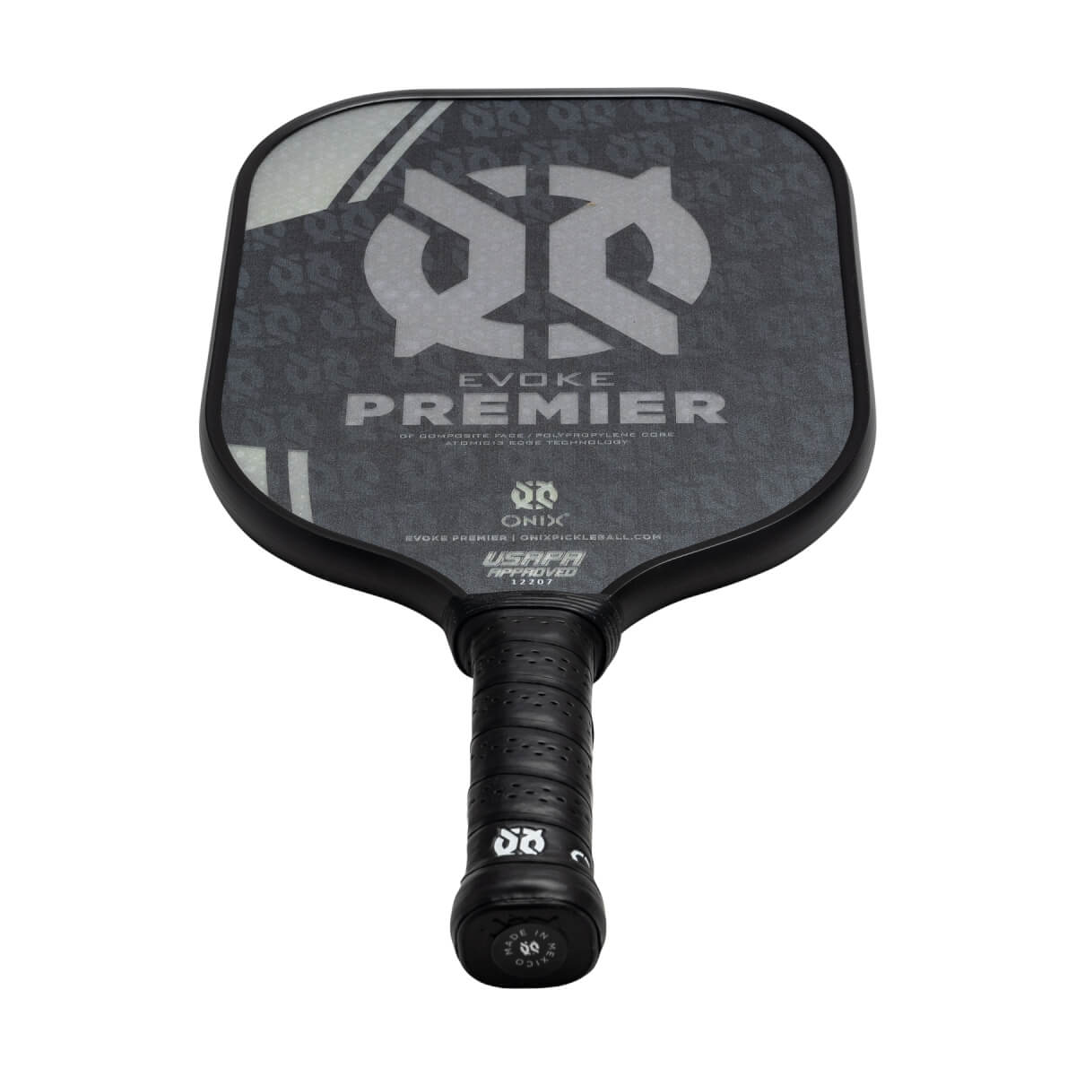 Front view of a black pickleball paddle with a large grey logo, EVOKE PREMIER text, and USAPA APPROVED stamp.
