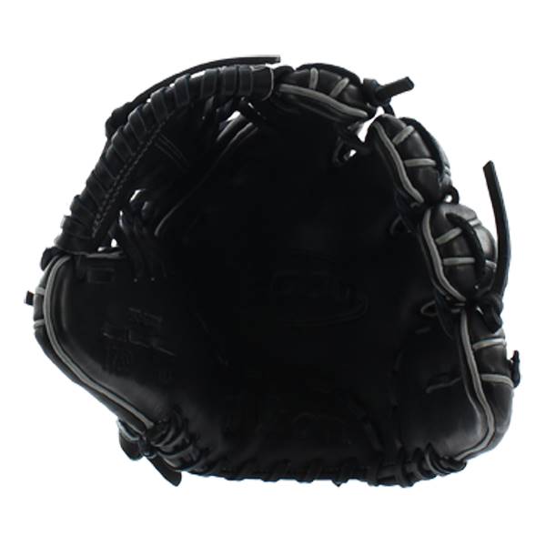 Top-down view of a black Wilson A2000 baseball glove with white lacing and a deep pocket.
