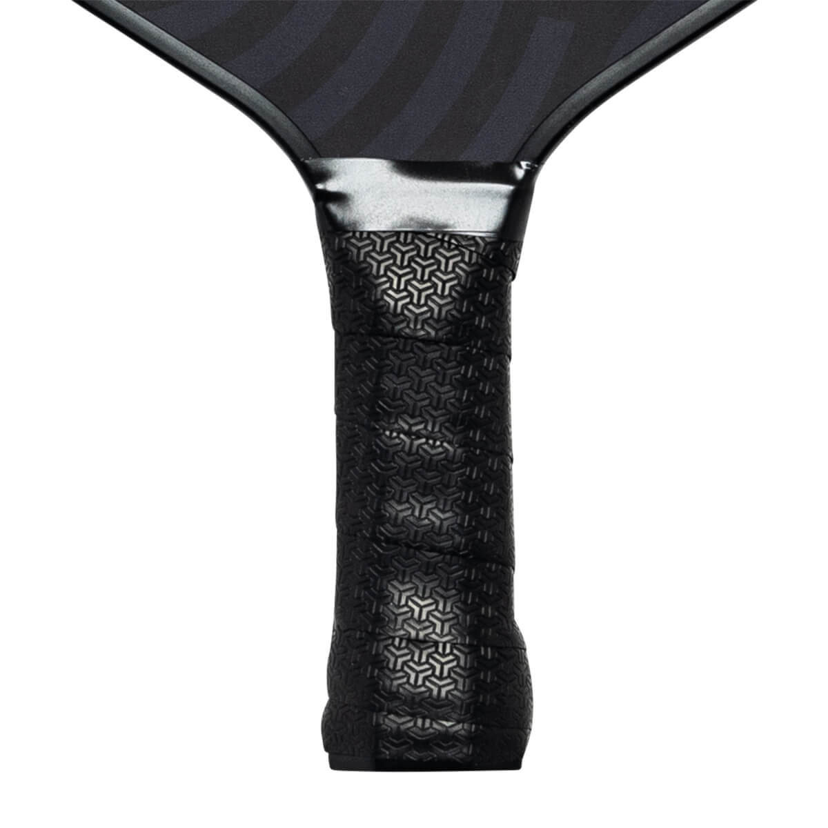 Close-up of a black pickleball paddle grip with a geometric pattern and a silver band.