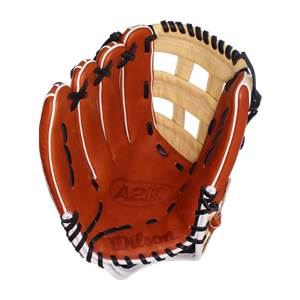 Top-down view of a brown baseball glove with A2K and Wilson branding and a tan webbed pocket.