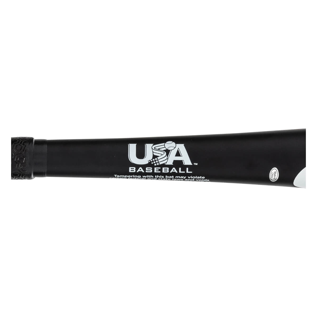 Side view of a black baseball bat with USA BASEBALL logo and a white end cap.