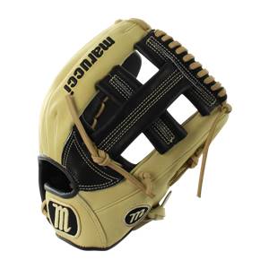 Side view of a tan baseball glove with black lacing and marucci text.
