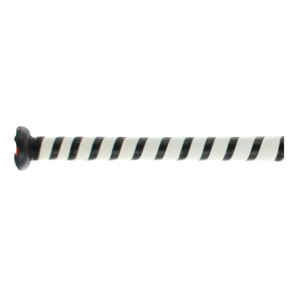 Side view of a black and white striped fastpitch softball bat with a black end cap.