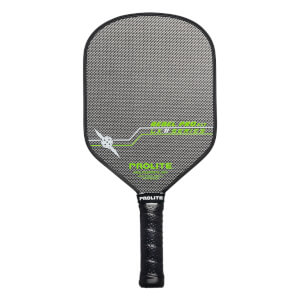 Front view of a black pickleball paddle with a textured surface, green accents, and PROLITE branding.