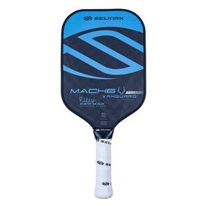 Front view of a black pickleball paddle with blue S-shaped graphics, MACH6 POWER VANGUARD text, and a white grip.