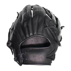 Back view of a black baseball glove with EASTON text and textured leather.