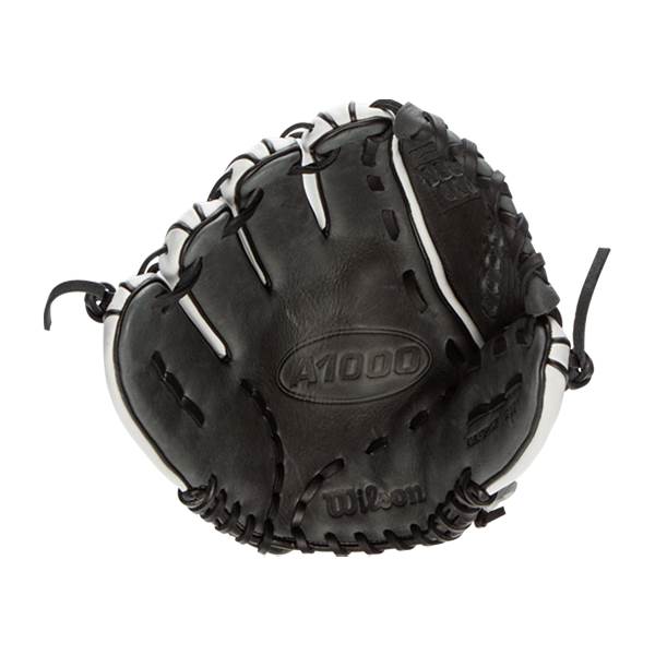 Top-down view of a black Wilson A1000 glove with white lacing and A1000 embossed on the palm.