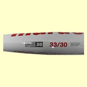 Side view of a white baseball bat with red lettering, BBCOR CERTIFIED .50, and 33/30.