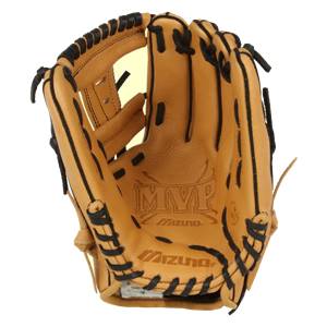 Front view of a tan baseball glove with black lacing and MVP Mizuno branding.