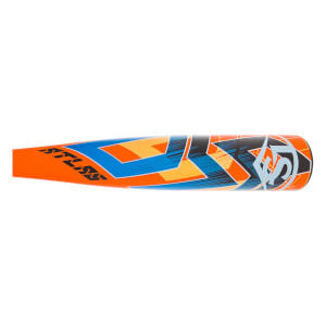 Side view of an orange baseball bat with blue and yellow geometric patterns and ATLAS text.