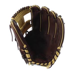 Interior view of a brown baseball glove with tan lacing and Wilson branding.
