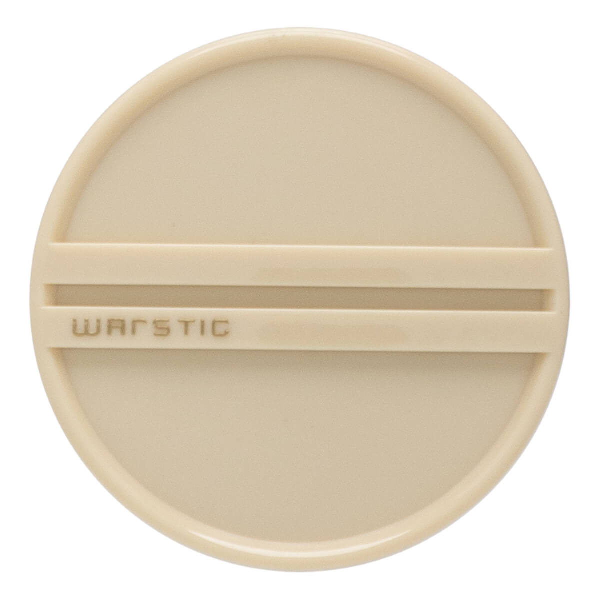 Top-down view of a cream baseball bat end cap with two raised horizontal lines and WARSTIC embossed in the center.