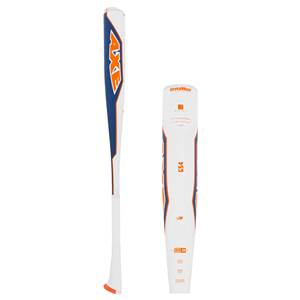 Side view of a white baseball bat with blue and orange accents, and a close-up of the barrel with GS4 and HYPERWHIP text.