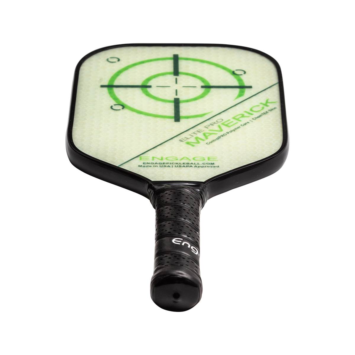 Top-down view of a light green pickleball paddle with a green target design and Maverick text.