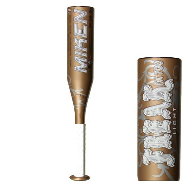 Side view of a gold softball bat with MIKEN and FREAK FX 700 LIGHT text.