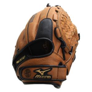 Corner view of a tan baseball glove with black accents, Mizuno logo, and Flex Bridge text.