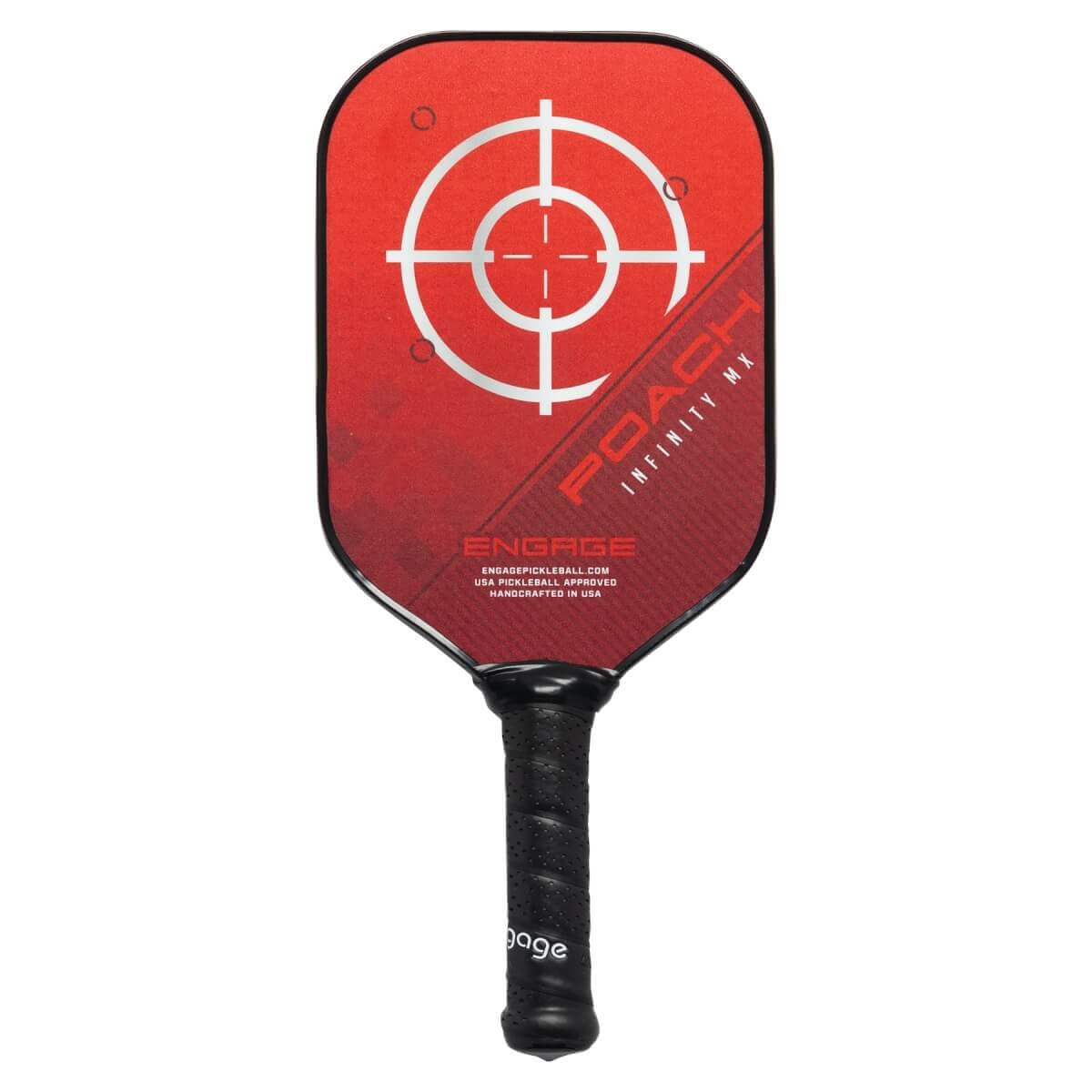Front view of a red pickleball paddle with a target design, POACH INFINITY MX text, and a black grip.