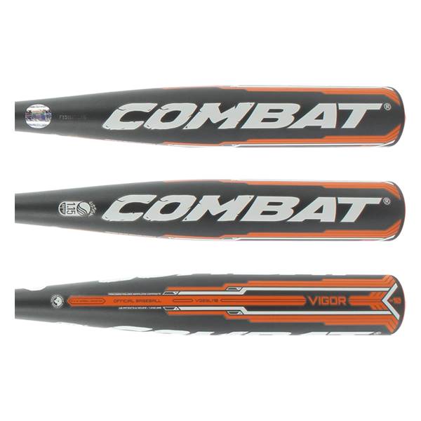 Bottom view of a black baseball bat with orange accents, VIGOR text, and -10 marking.