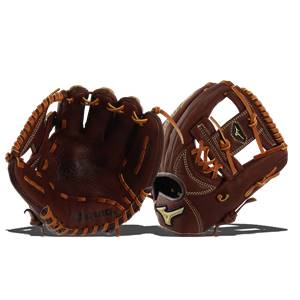 Front view of a brown baseball glove with tan lacing and a Mizuno logo.