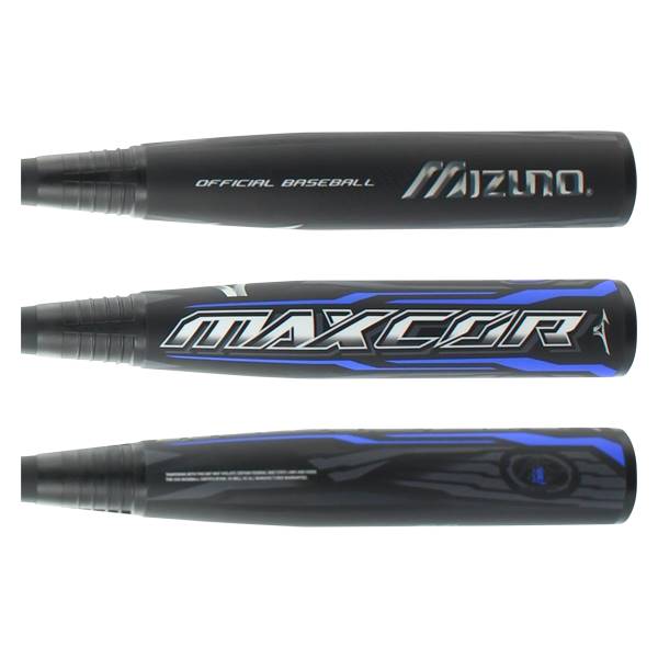 Side view of a black baseball bat with blue MAXCOR branding and OFFICIAL BASEBALL text.