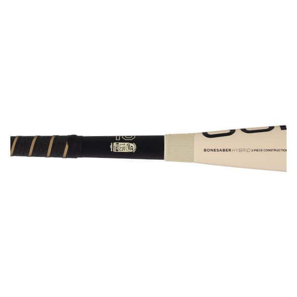 Side close-up of a black and cream baseball bat with a black grip featuring gold perforations, a gold Warstic logo, and BONESABER HYBRID text.
