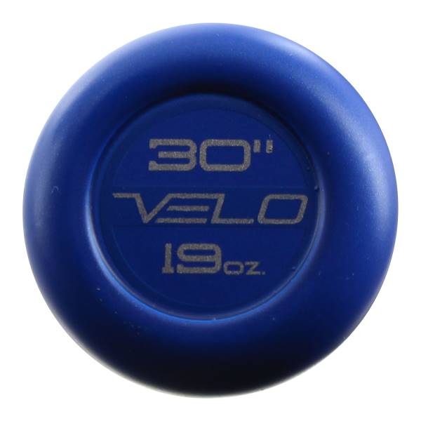 Top-down view of a blue baseball bat end cap with 30 VELO 19oz. text.