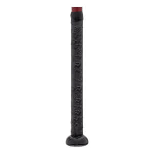 Close-up of a black baseball bat grip with a repeating pattern and a red end cap.