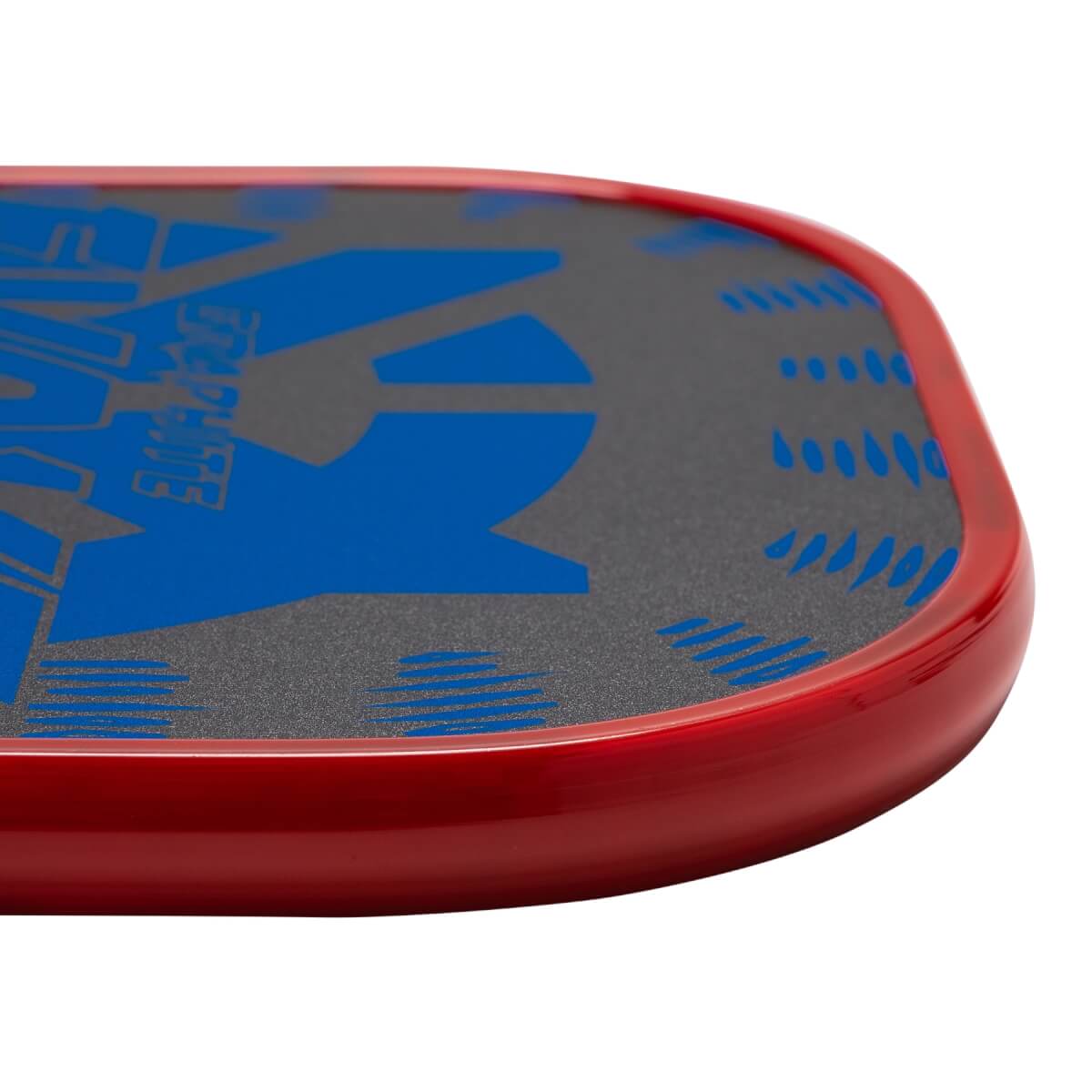 Corner view of a red pickleball paddle with blue EVOKE XL GRAPHITE text and a textured surface.