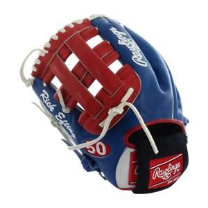 Top-down view of a blue baseball glove with red webbing, white lacing, and Rick Eftink embroidered on the side.